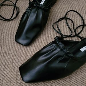 IVY OFFICIAL BLACK ANKLE WRAP BALLERINA MULE FLATS